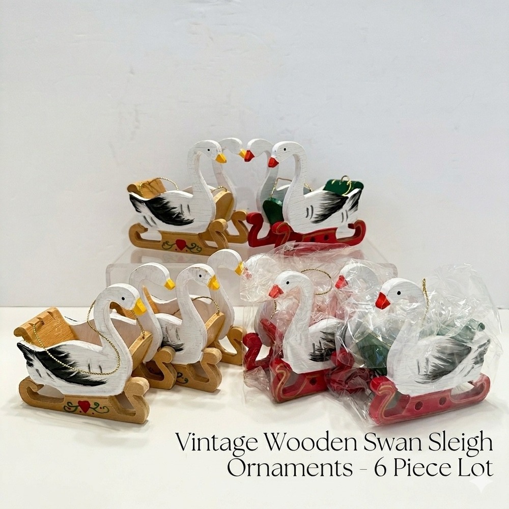 Vintage 80s Wooden Swan Sleigh Christmas Ornaments Lot of 6‎ Painted Folk Art